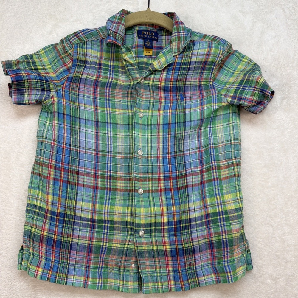 Polo Ralph Lauren Boys Madras Plaid Shirt Linen Preppy Coastal Size 5